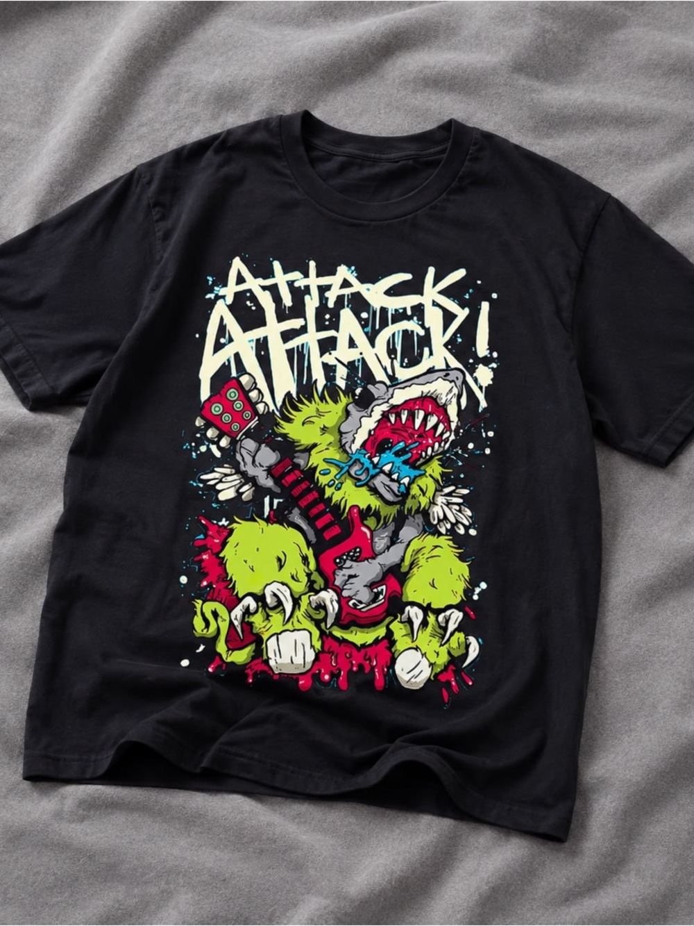 Gildan Black Graphic Tee with Neon Monster Guitar